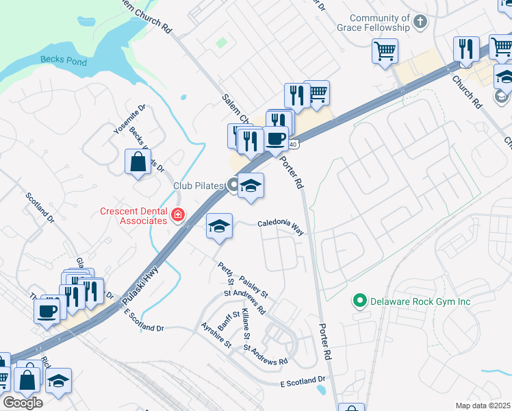 map of restaurants, bars, coffee shops, grocery stores, and more near 500 Caledonia Way in Bear