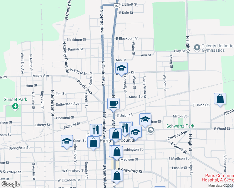 map of restaurants, bars, coffee shops, grocery stores, and more near 414 North Main Street in Paris