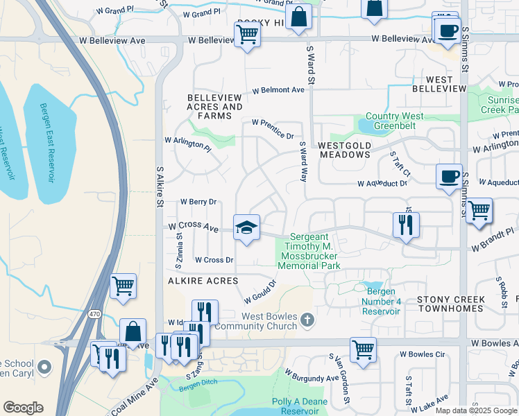 map of restaurants, bars, coffee shops, grocery stores, and more near 12638 West Aqueduct Drive in Littleton