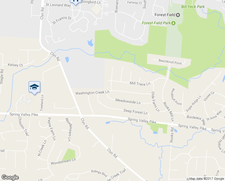 map of restaurants, bars, coffee shops, grocery stores, and more near 2012 Washington Creek Lane in Dayton