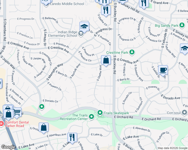 map of restaurants, bars, coffee shops, grocery stores, and more near 5494 South Nucla Court in Centennial
