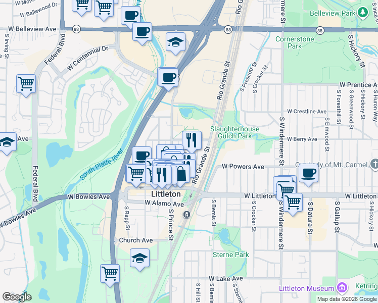 map of restaurants, bars, coffee shops, grocery stores, and more near 5510 South Sycamore Street in Littleton