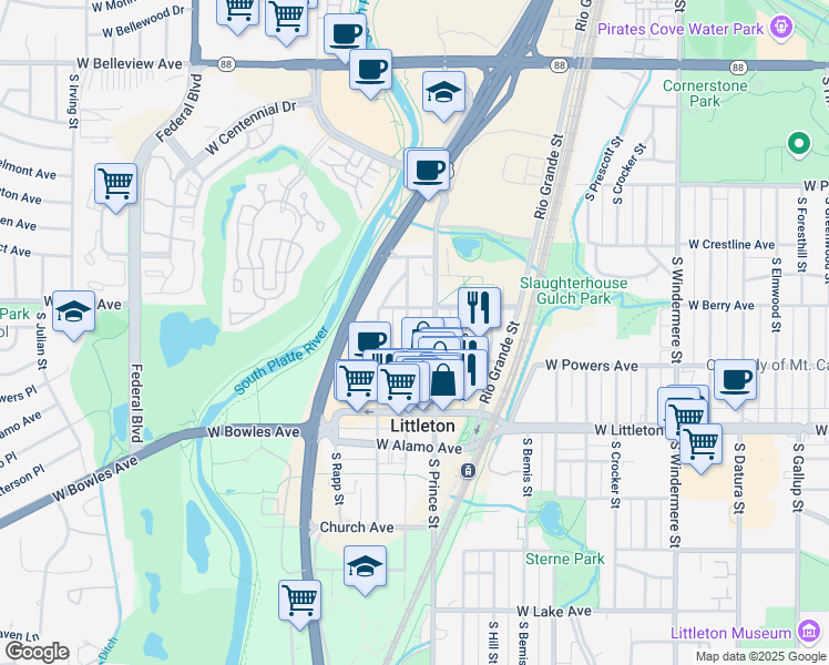 map of restaurants, bars, coffee shops, grocery stores, and more near 5523 South Prince Street in Littleton