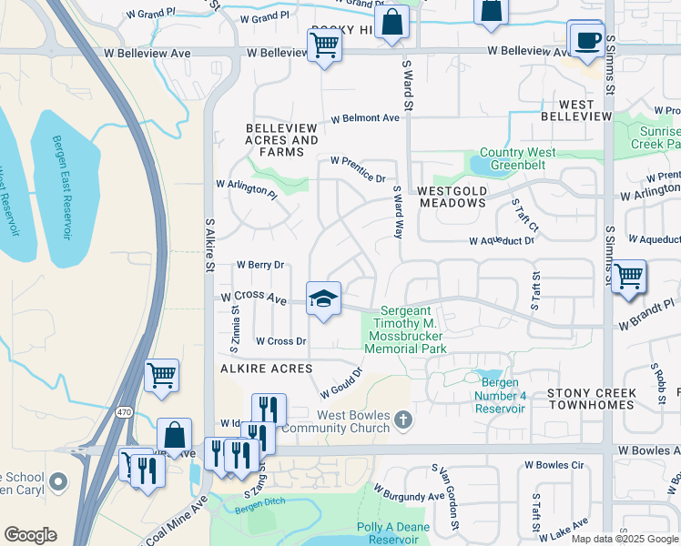 map of restaurants, bars, coffee shops, grocery stores, and more near 12638 West Aqueduct Drive in Littleton