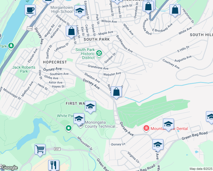 map of restaurants, bars, coffee shops, grocery stores, and more near 1029 Ross Street in Morgantown