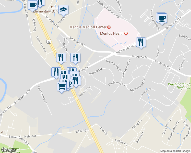 map of restaurants, bars, coffee shops, grocery stores, and more near 8 Brightwood Drive in Hagerstown