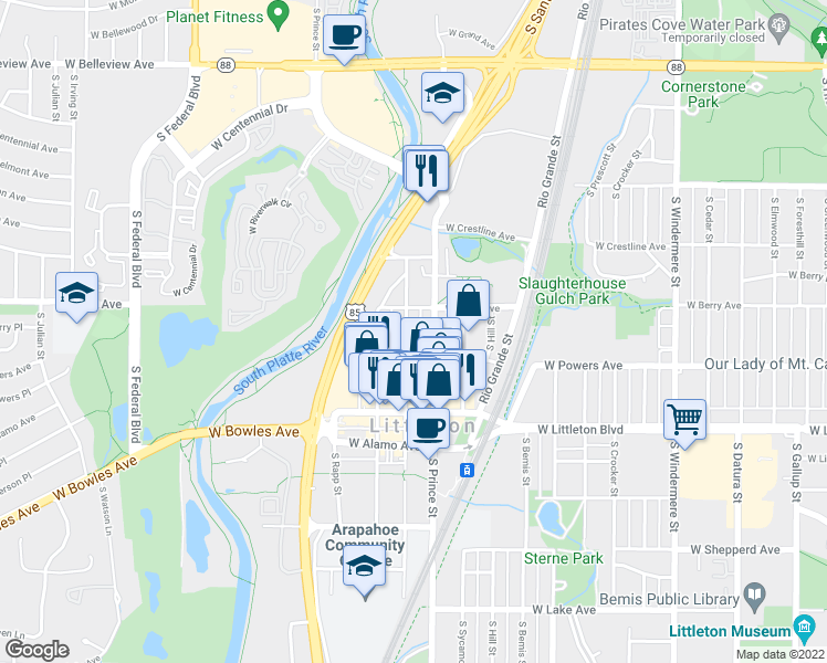 map of restaurants, bars, coffee shops, grocery stores, and more near 5523 South Prince Street in Littleton