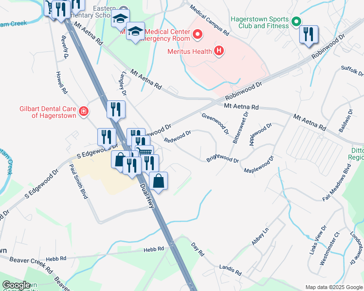 map of restaurants, bars, coffee shops, grocery stores, and more near 8 Brightwood Drive in Hagerstown
