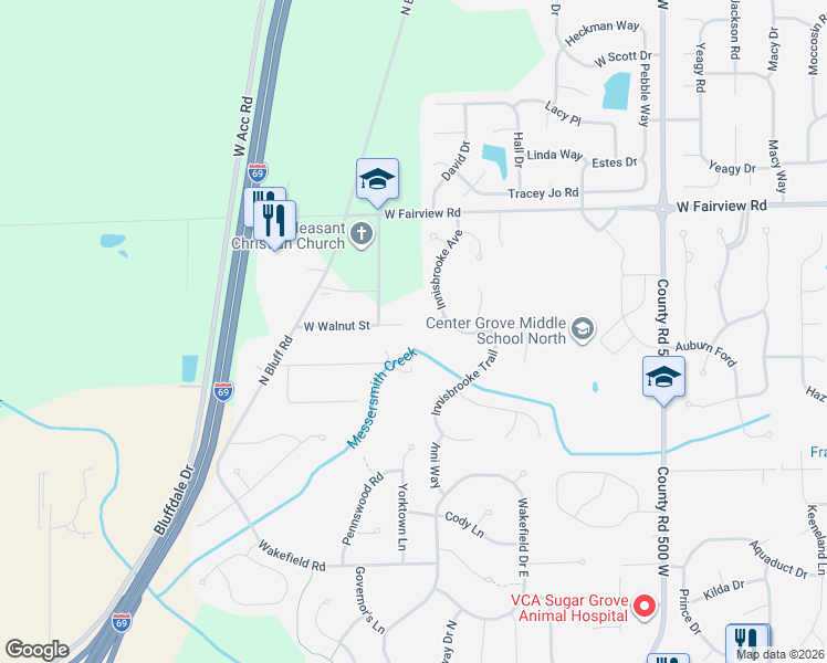 map of restaurants, bars, coffee shops, grocery stores, and more near 5488 West Walnut Street in Greenwood