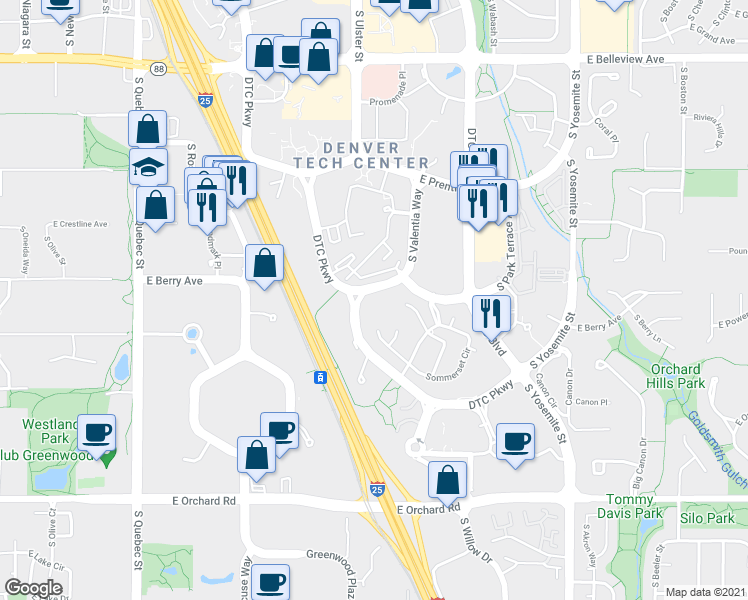map of restaurants, bars, coffee shops, grocery stores, and more near 5570 DTC Parkway in Greenwood Village