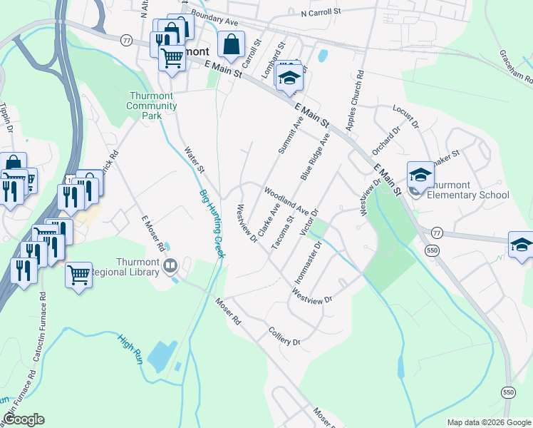 map of restaurants, bars, coffee shops, grocery stores, and more near 9 Clark Avenue in Thurmont