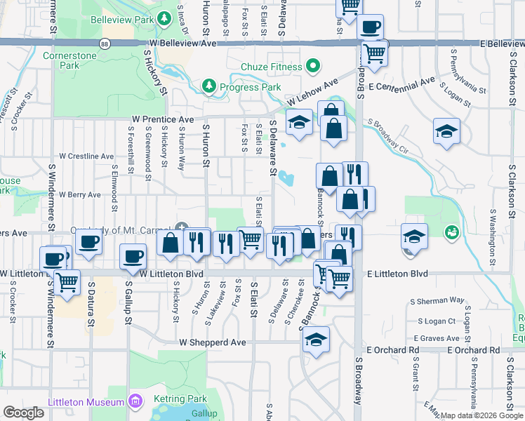 map of restaurants, bars, coffee shops, grocery stores, and more near 5520 South Elati Street in Littleton