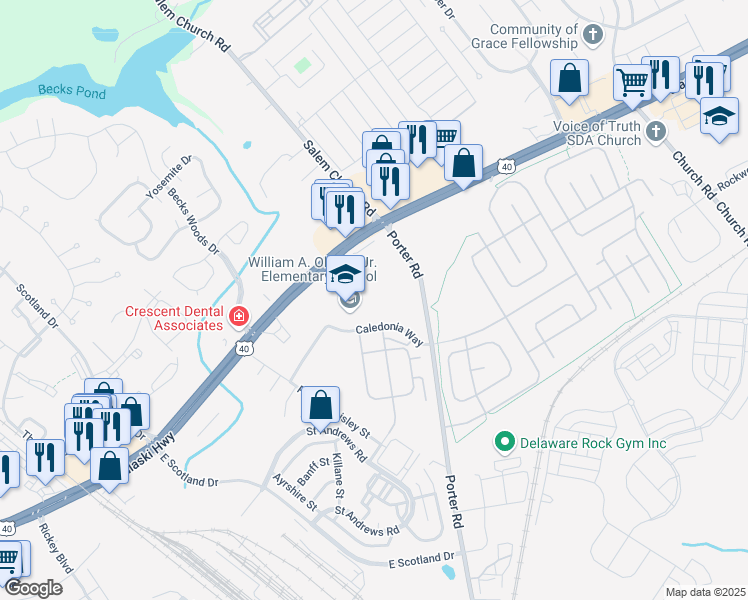 map of restaurants, bars, coffee shops, grocery stores, and more near 500 Caledonia Way in Bear