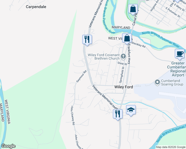 map of restaurants, bars, coffee shops, grocery stores, and more near 82 Kingbaum Street in Wiley Ford