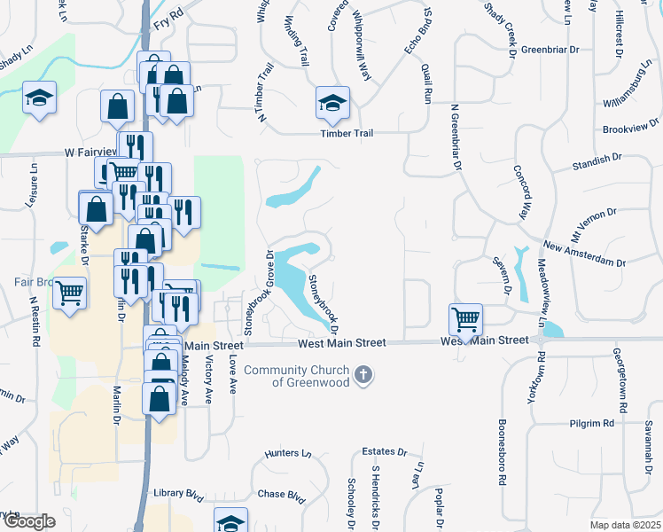 map of restaurants, bars, coffee shops, grocery stores, and more near 231 Lake Point Lane North in Greenwood
