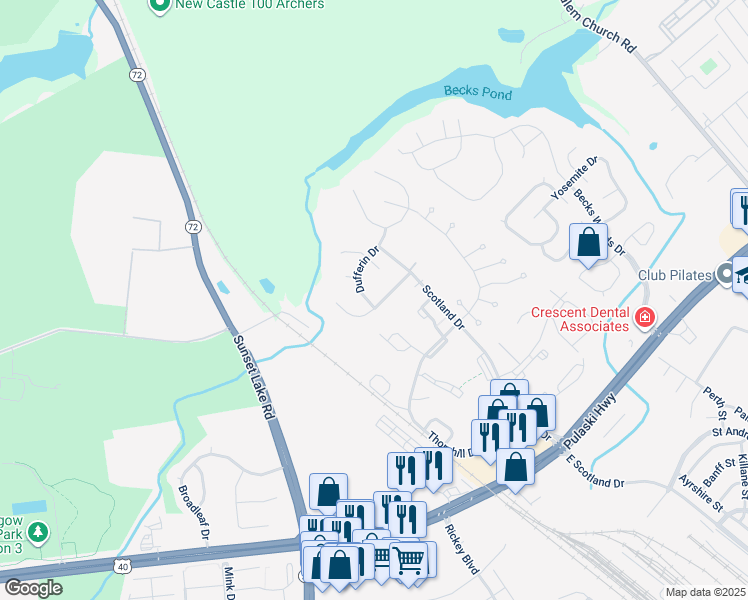 map of restaurants, bars, coffee shops, grocery stores, and more near 113 Dufferin Drive in Newark