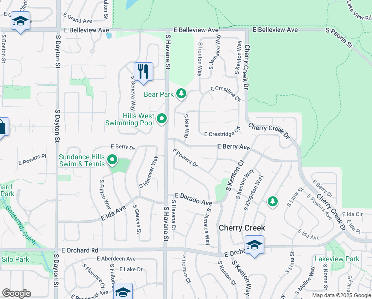 map of restaurants, bars, coffee shops, grocery stores, and more near 10694 East Berry Avenue in Greenwood Village