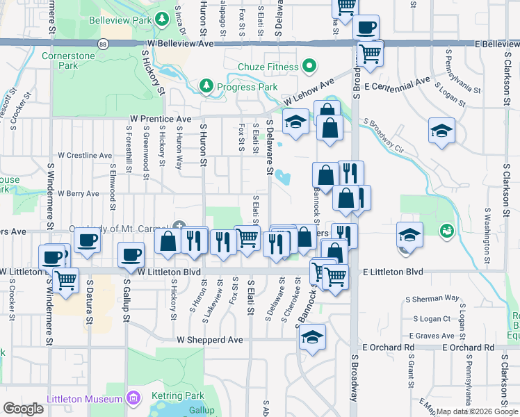 map of restaurants, bars, coffee shops, grocery stores, and more near 5520 South Elati Street in Littleton