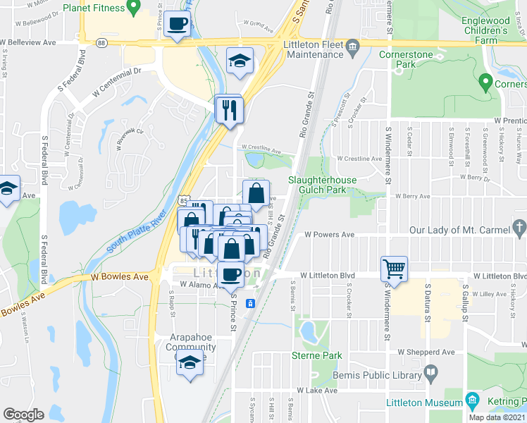 map of restaurants, bars, coffee shops, grocery stores, and more near 5510 South Sycamore Street in Littleton