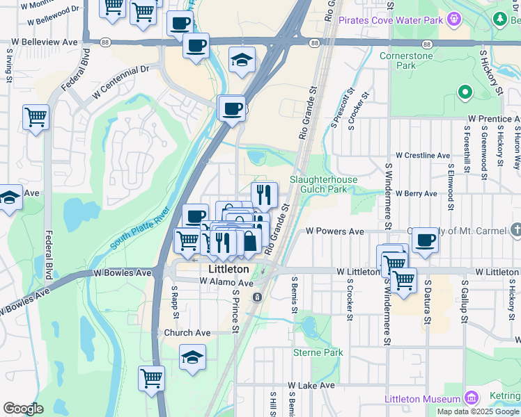 map of restaurants, bars, coffee shops, grocery stores, and more near 5510 South Sycamore Street in Littleton