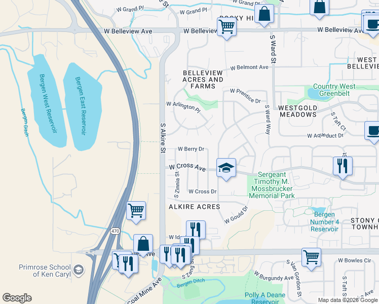map of restaurants, bars, coffee shops, grocery stores, and more near 13019 West Berry Drive in Littleton