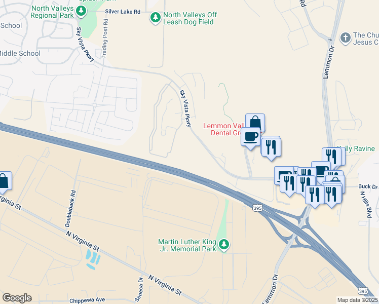 map of restaurants, bars, coffee shops, grocery stores, and more near Sky Vista Parkway in Reno