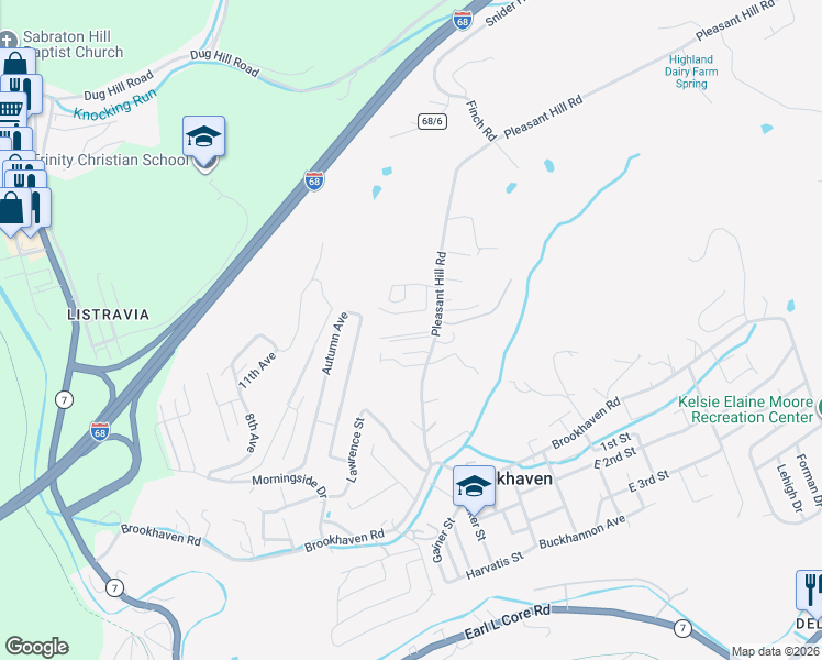 map of restaurants, bars, coffee shops, grocery stores, and more near 23 Pleasant Ridge Lane in Morgantown