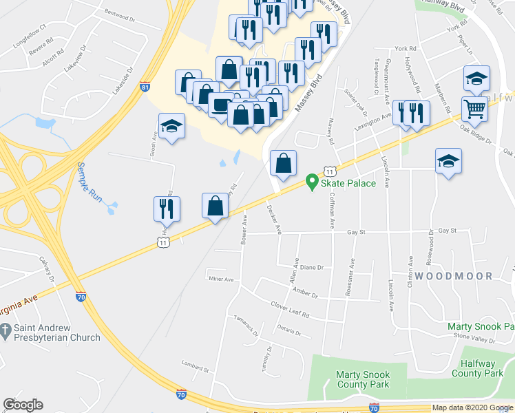 map of restaurants, bars, coffee shops, grocery stores, and more near 17221 Virginia Avenue in Hagerstown