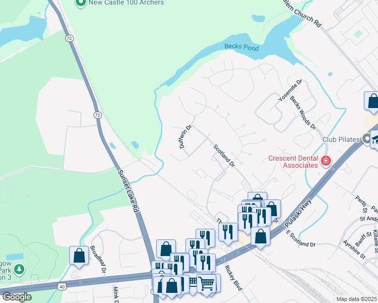 map of restaurants, bars, coffee shops, grocery stores, and more near 113 Dufferin Drive in Newark