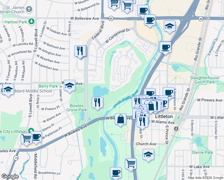 map of restaurants, bars, coffee shops, grocery stores, and more near 2945 West Riverwalk Circle in Littleton