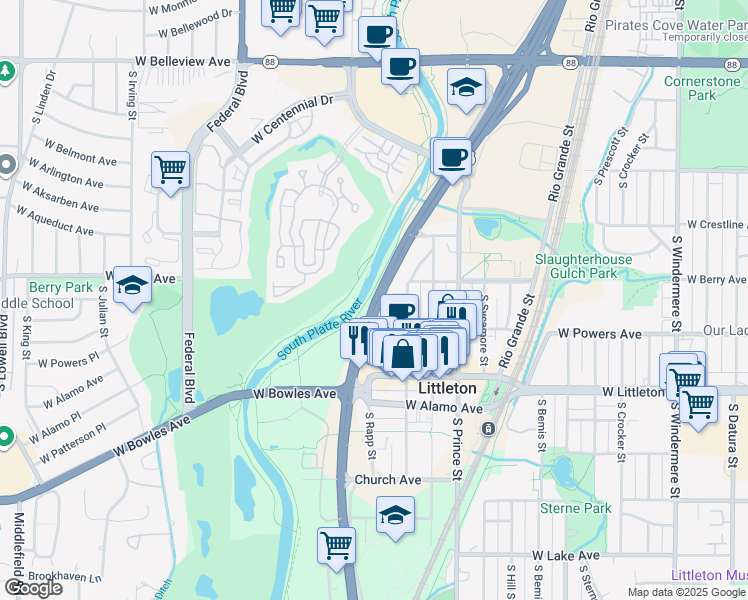 map of restaurants, bars, coffee shops, grocery stores, and more near 5531 South Santa Fe Drive in Littleton