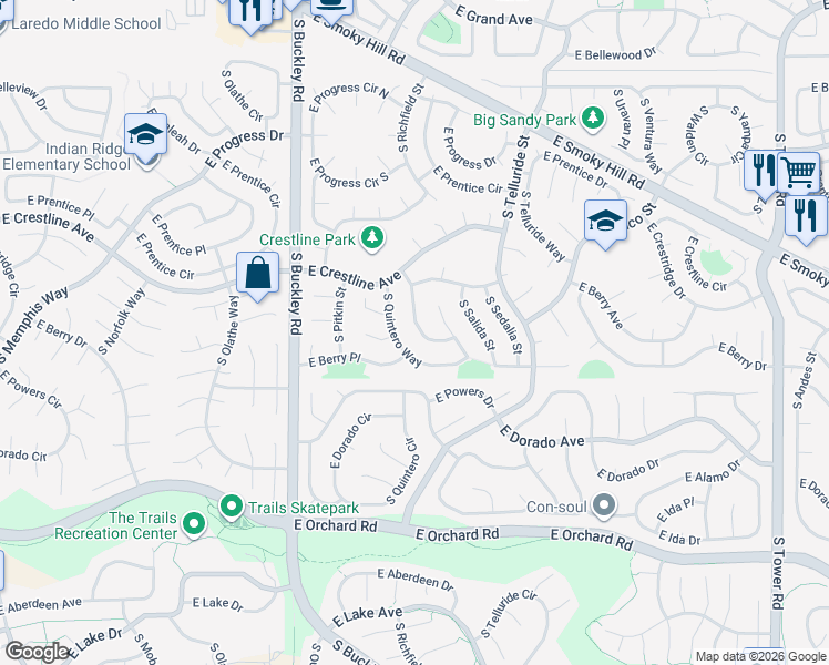 map of restaurants, bars, coffee shops, grocery stores, and more near 5481 South Richfield Way in Centennial