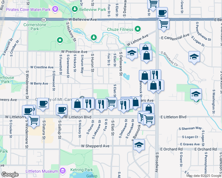 map of restaurants, bars, coffee shops, grocery stores, and more near 5520 South Elati Street in Littleton