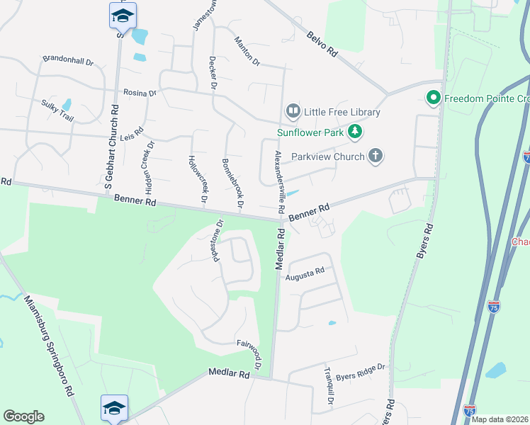 map of restaurants, bars, coffee shops, grocery stores, and more near 2250 Bluegrass Court in Miamisburg