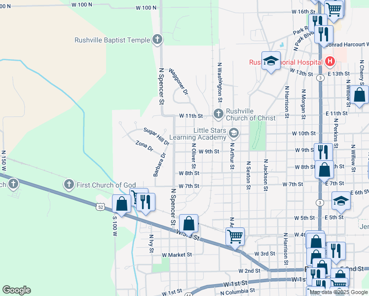 map of restaurants, bars, coffee shops, grocery stores, and more near 820 West 9th Street in Rushville