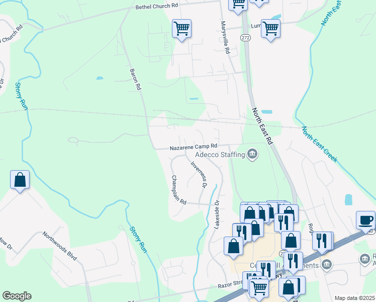 map of restaurants, bars, coffee shops, grocery stores, and more near 2 Inverness Drive in North East