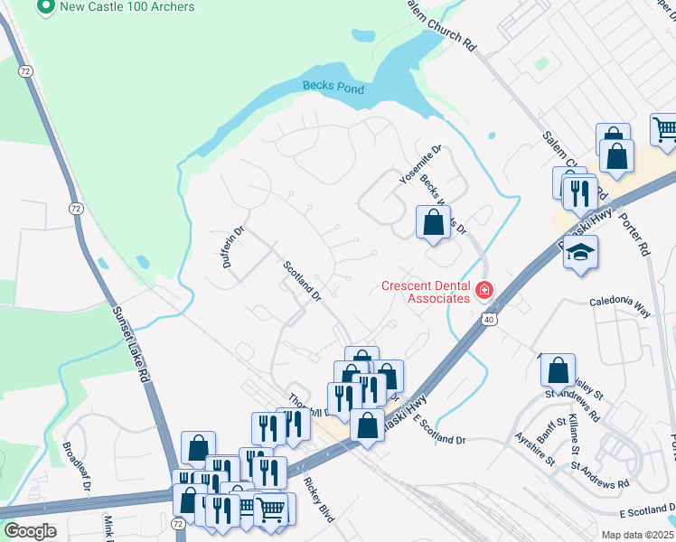 map of restaurants, bars, coffee shops, grocery stores, and more near 47 Ridge Way in Newark