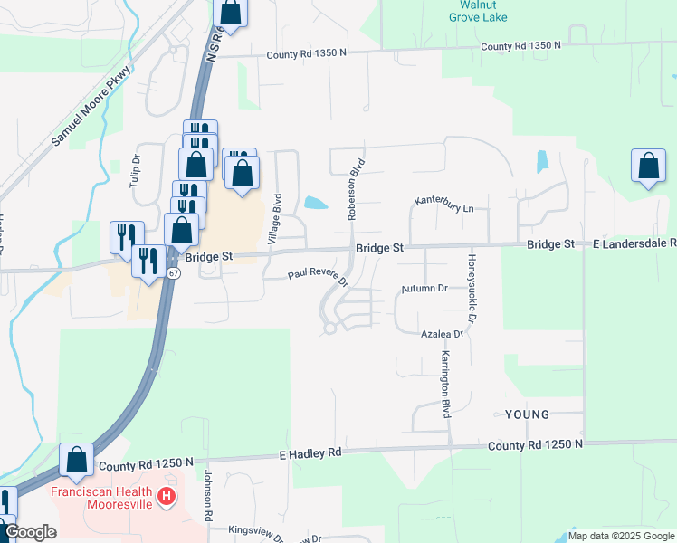 map of restaurants, bars, coffee shops, grocery stores, and more near 104 Liberty Boulevard in Mooresville