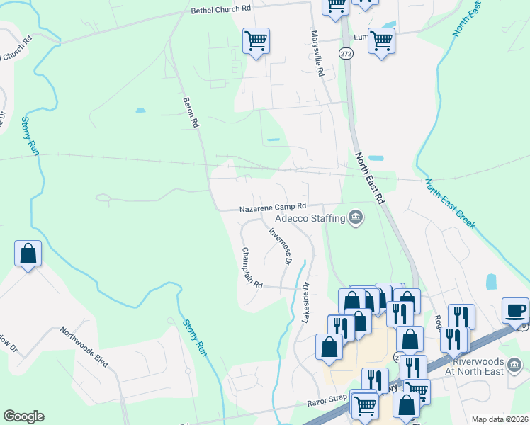 map of restaurants, bars, coffee shops, grocery stores, and more near 2 Inverness Drive in North East