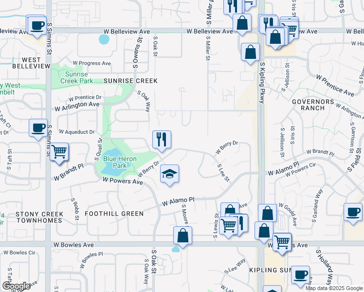 map of restaurants, bars, coffee shops, grocery stores, and more near 10535 West Berry Drive in Littleton