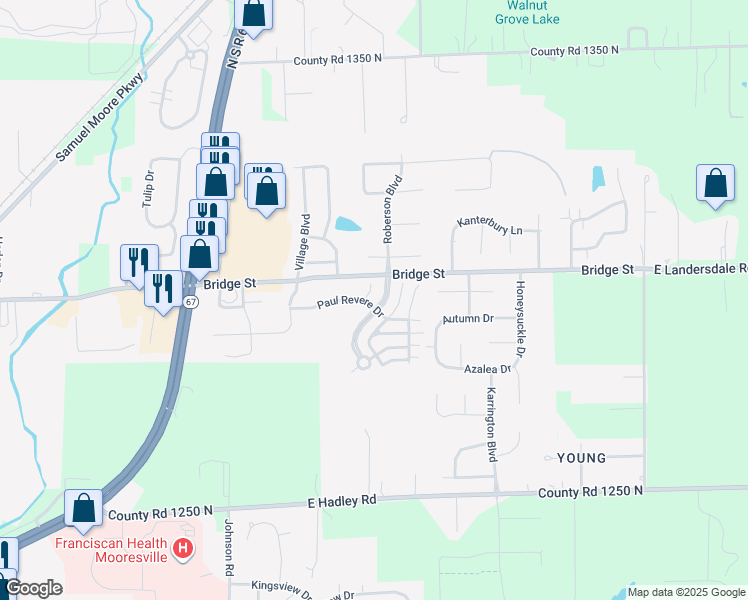map of restaurants, bars, coffee shops, grocery stores, and more near 104 Liberty Boulevard in Mooresville