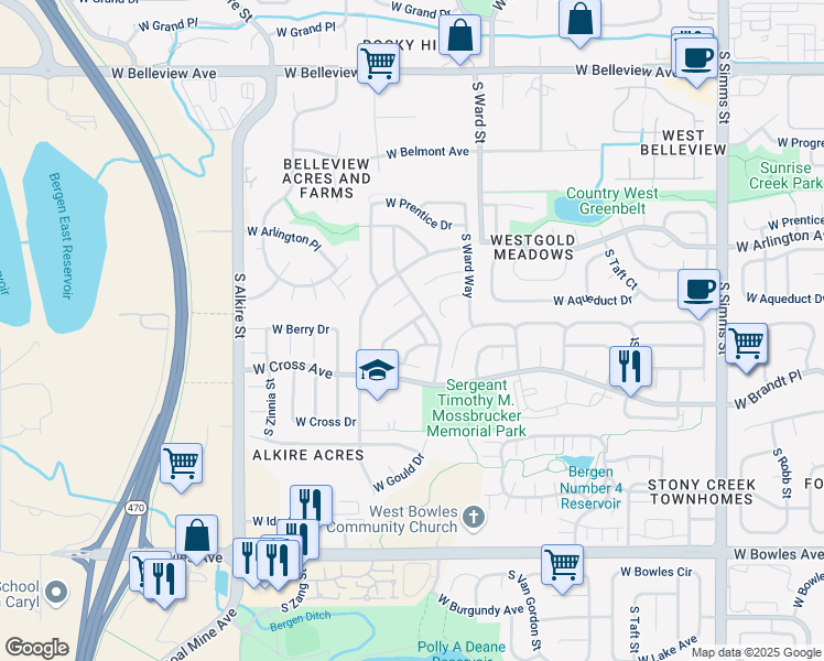 map of restaurants, bars, coffee shops, grocery stores, and more near 12638 West Aqueduct Drive in Littleton