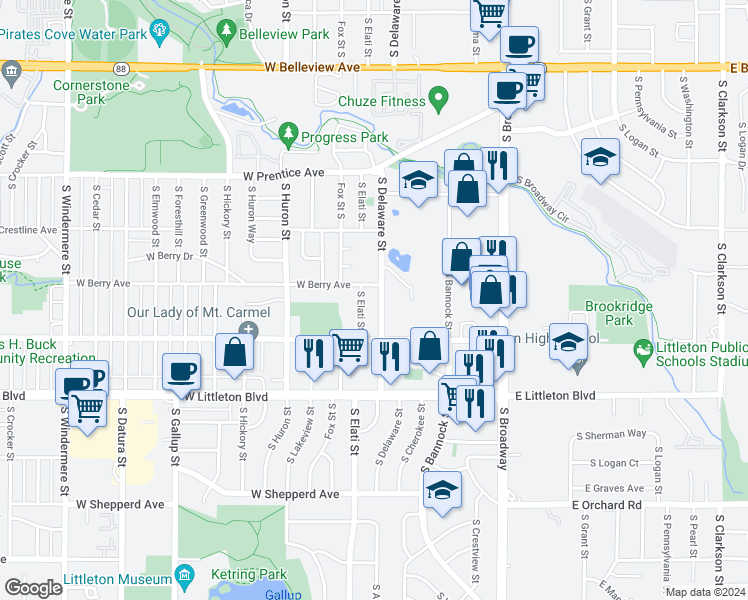 map of restaurants, bars, coffee shops, grocery stores, and more near 5521 South Delaware Street in Littleton