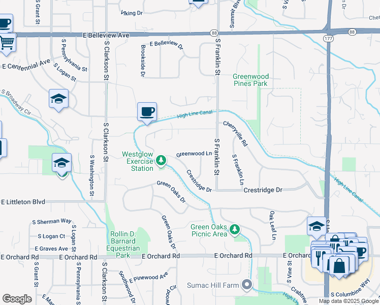 map of restaurants, bars, coffee shops, grocery stores, and more near 1423 Greenwood Lane in Greenwood Village