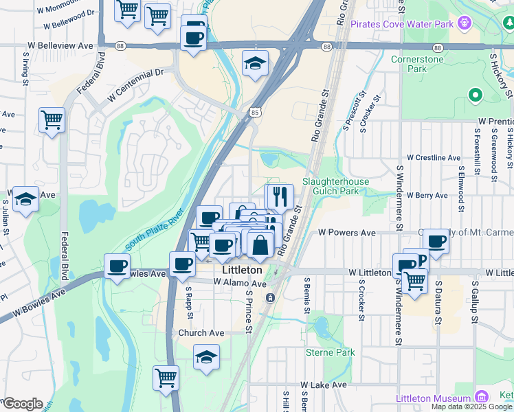 map of restaurants, bars, coffee shops, grocery stores, and more near 5510 South Sycamore Street in Littleton
