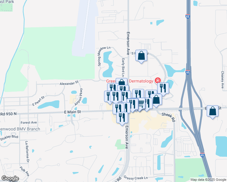 map of restaurants, bars, coffee shops, grocery stores, and more near 122c Mountain Aire Drive in Greenwood