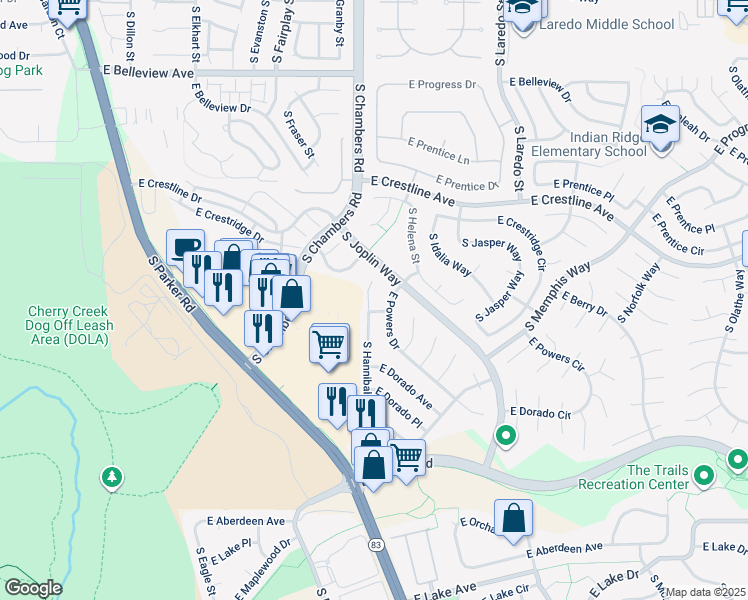 map of restaurants, bars, coffee shops, grocery stores, and more near 5458 South Hannibal Way in Centennial