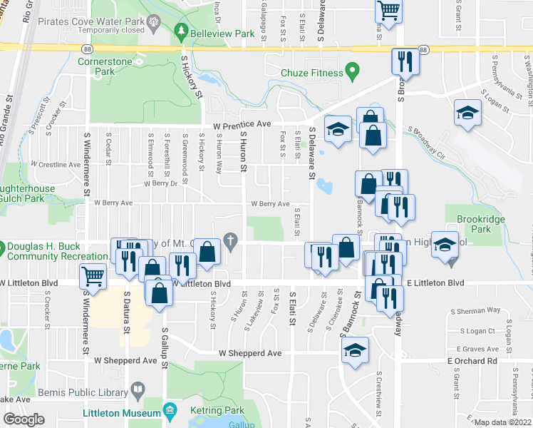 map of restaurants, bars, coffee shops, grocery stores, and more near 726 West Berry Avenue in Littleton