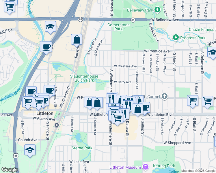map of restaurants, bars, coffee shops, grocery stores, and more near 5529 South Windermere Street in Littleton