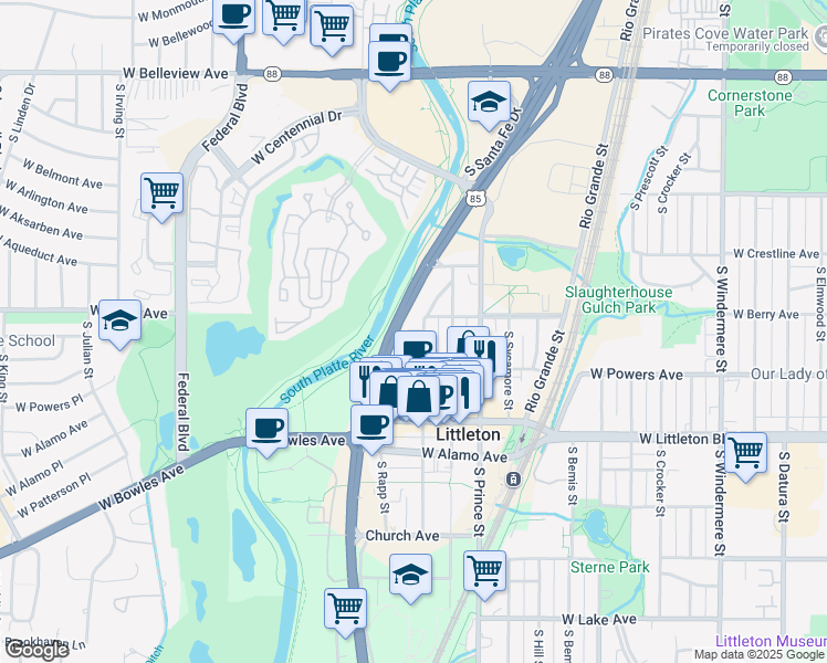 map of restaurants, bars, coffee shops, grocery stores, and more near 5401-5531 South Santa Fe Drive in Littleton